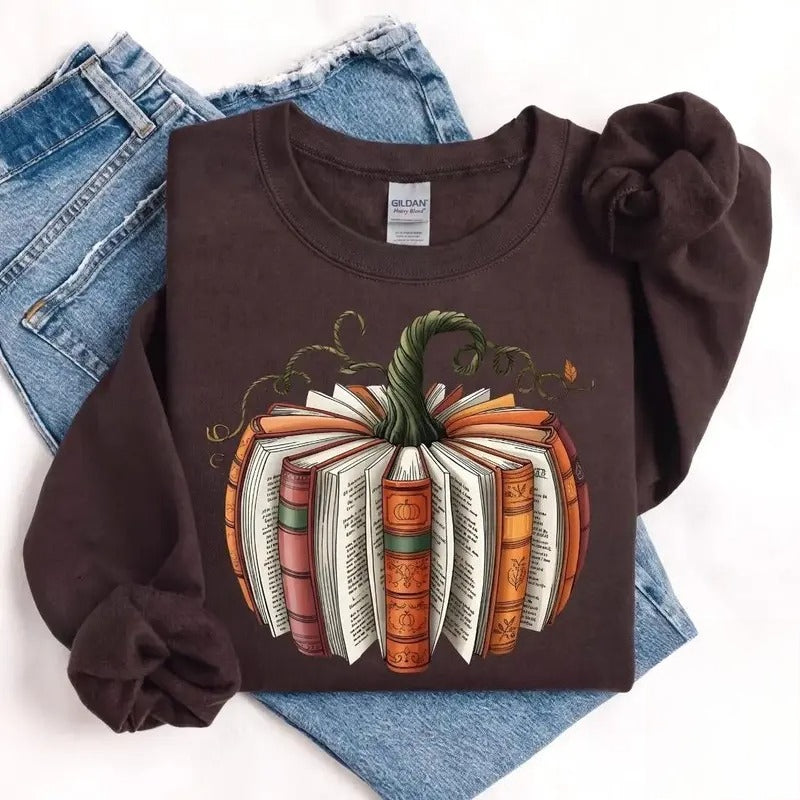 Book Pumpkin Fall Graphic T-Shirt, Sweatshirt & Hoodie – Cozy Autumn Book Lover & Bookworm Reading Apparel