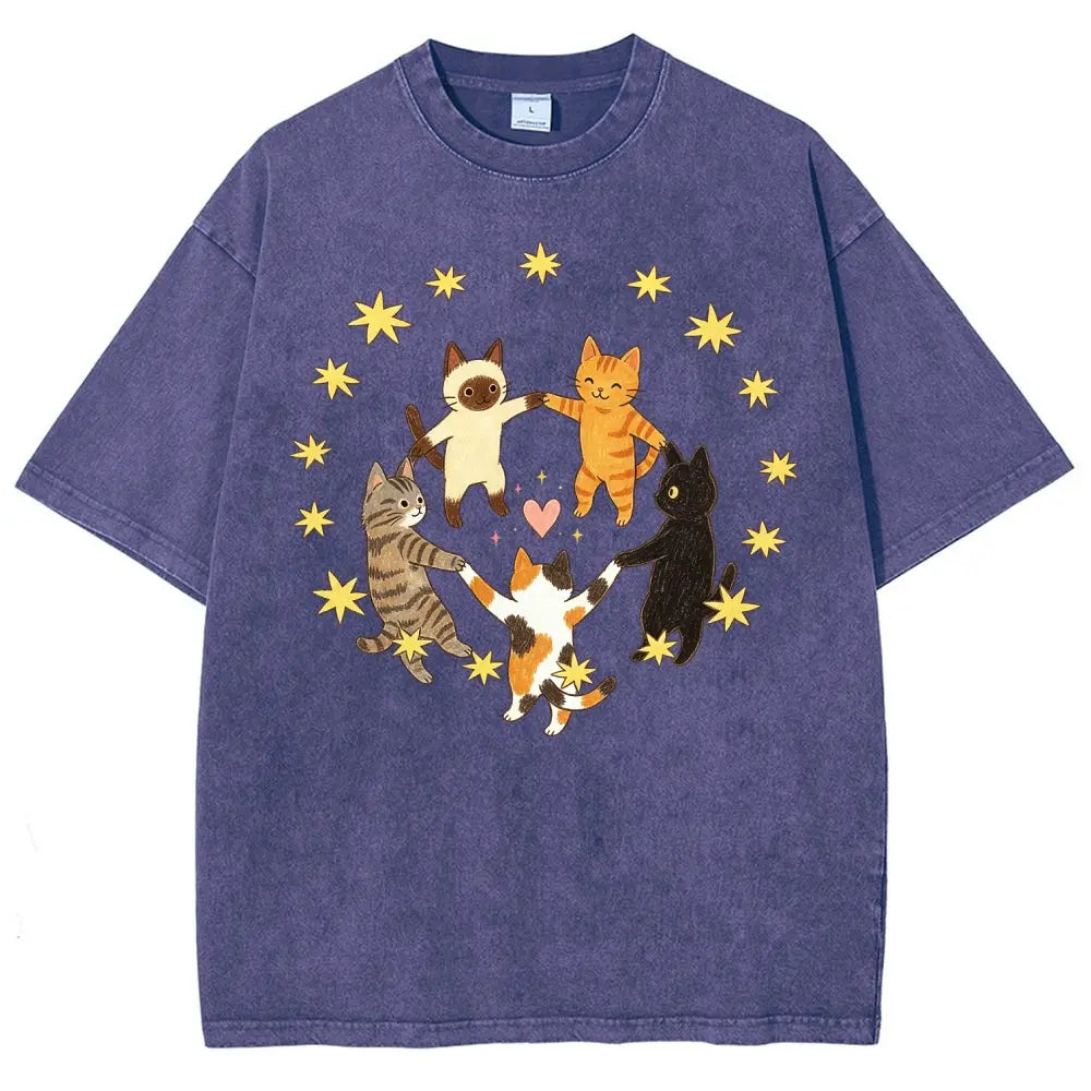 Dancing Cats Circle Graphic T-Shirt, Sweatshirt & Hoodie – Cute Cat Lover Star & Heart Graphic Top