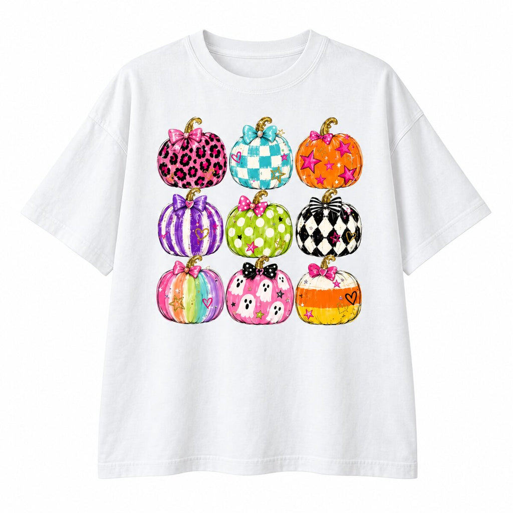 Coquette Halloween Pumpkin T-Shirt/Sweatshirt/Hoodie – Colorful Bow Graphic Vintage Washed Tee