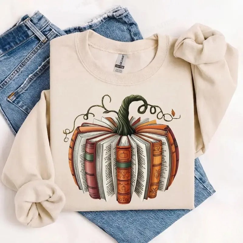 Book Pumpkin Fall Graphic T-Shirt, Sweatshirt & Hoodie – Cozy Autumn Book Lover & Bookworm Reading Apparel