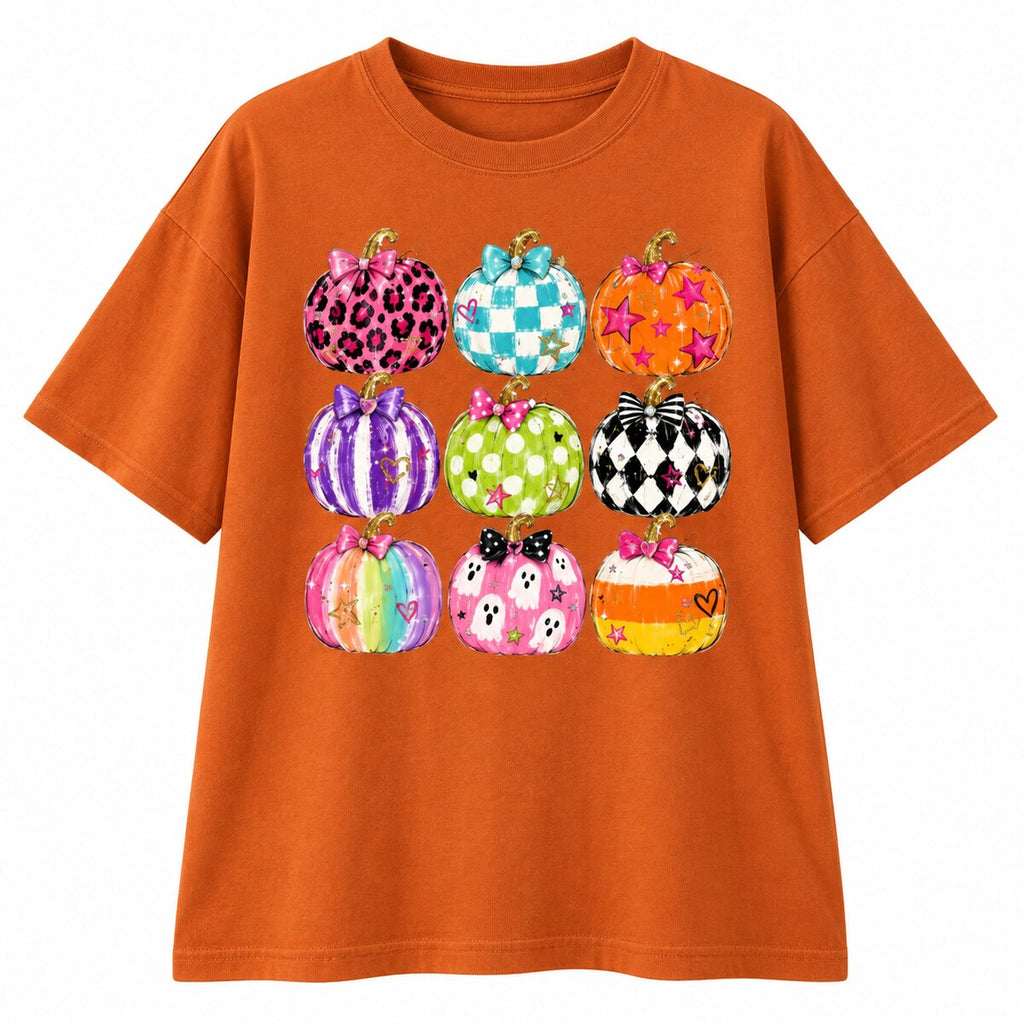 Coquette Halloween Pumpkin T-Shirt/Sweatshirt/Hoodie – Colorful Bow Graphic Vintage Washed Tee