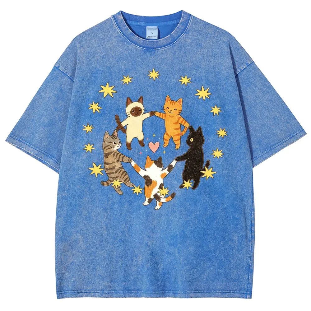Dancing Cats Circle Graphic T-Shirt, Sweatshirt & Hoodie – Cute Cat Lover Star & Heart Graphic Top