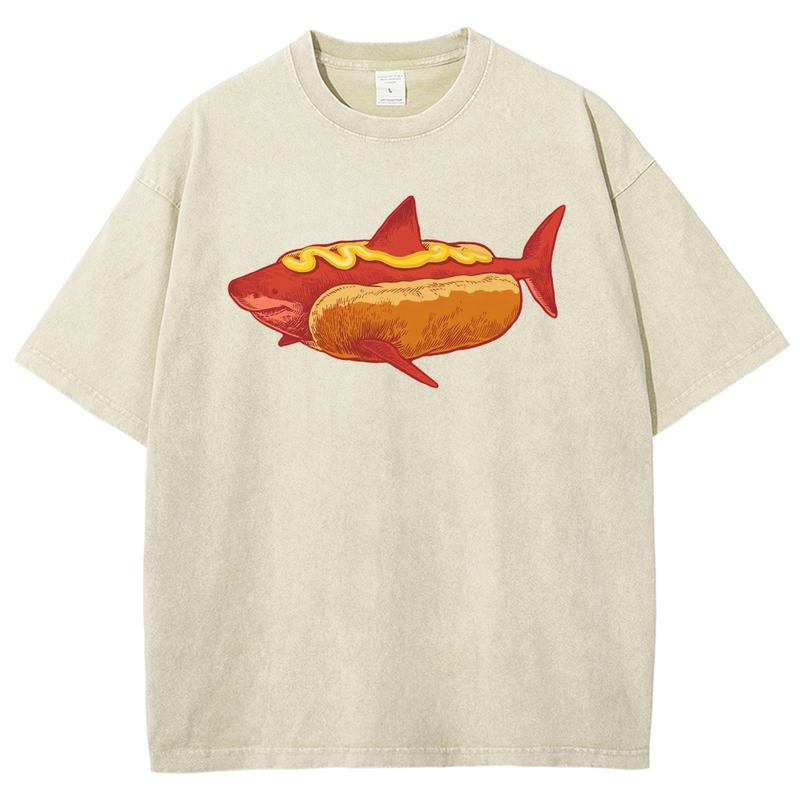 Shark Hot Dog T Shirt/Hoodie/Sweatshirt, Funny Food Meme Graphic Tee, Vintage Washed Shark Shirt, Weirdcore Ocean Animal Shirt, Cute Gift for Shark Lovers & Foodies