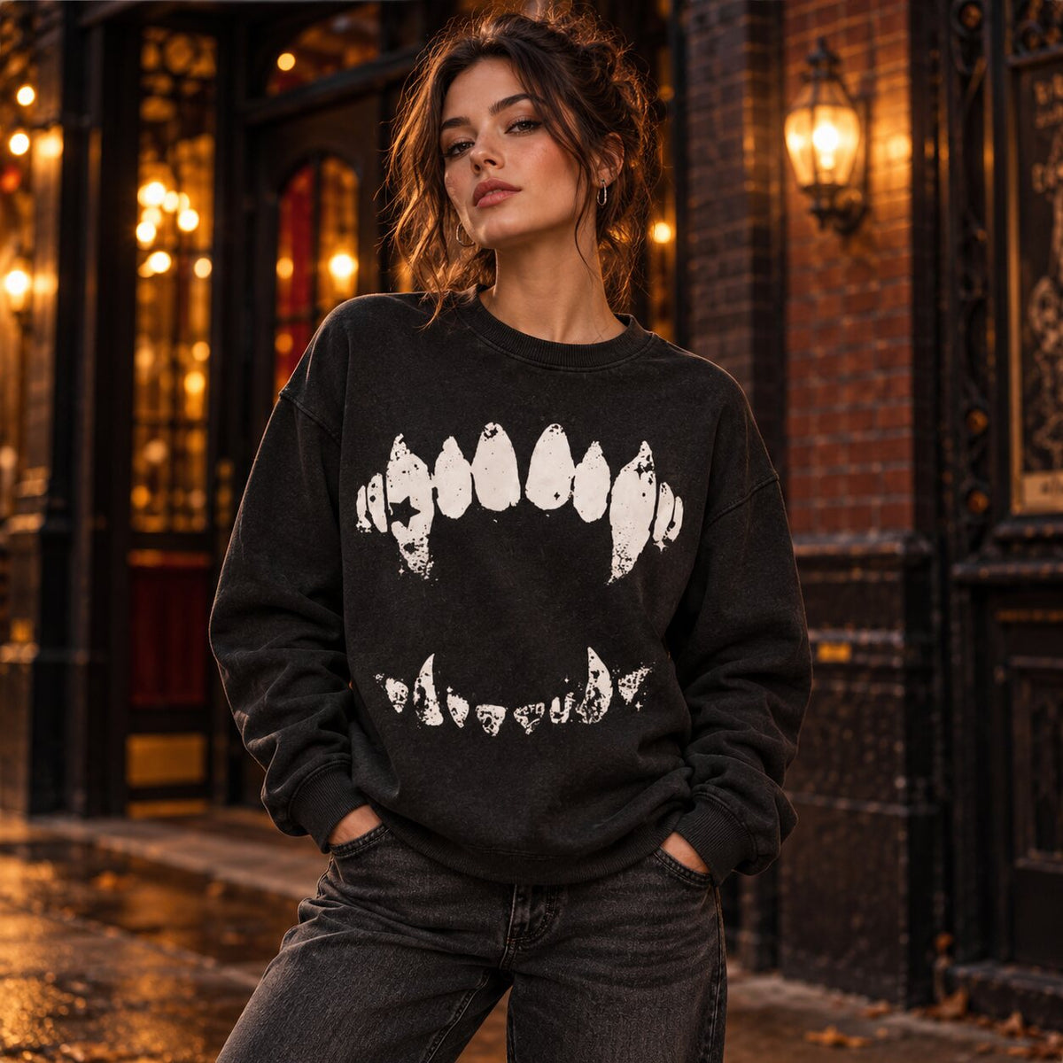 Vintage Vampire Fangs T-Shirt/Sweatshirt/Hoodie – Gothic Horror Bite Graphic Washed Tee