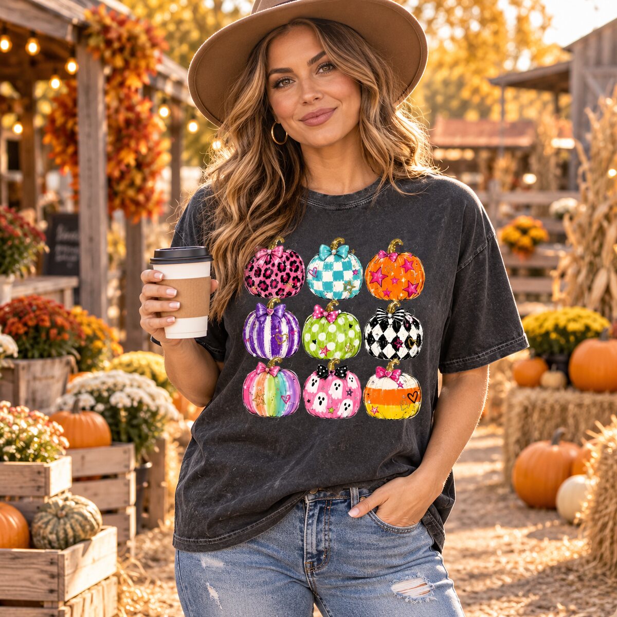 Coquette Halloween Pumpkin T-Shirt/Sweatshirt/Hoodie – Colorful Bow Graphic Vintage Washed Tee