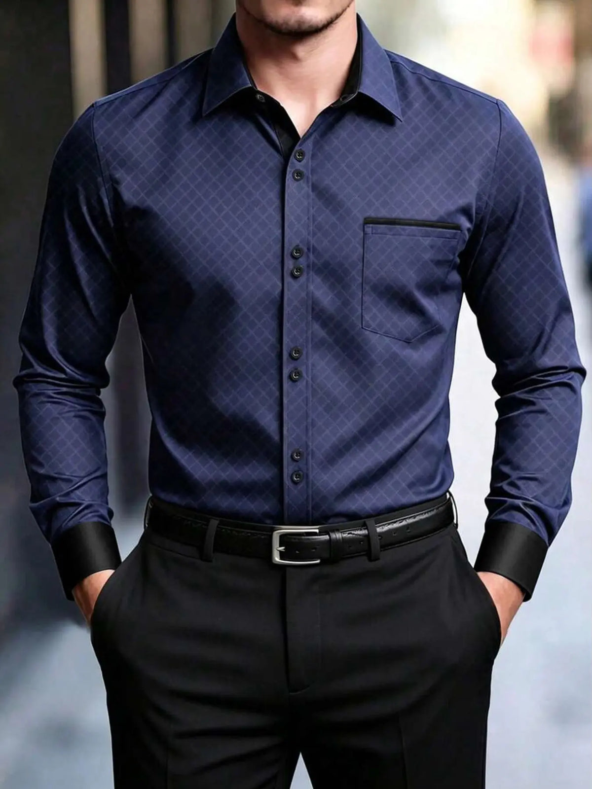Men’s Diamond Pattern Button-Down Shirt – Slim Fit Long Sleeve Dress Shirt