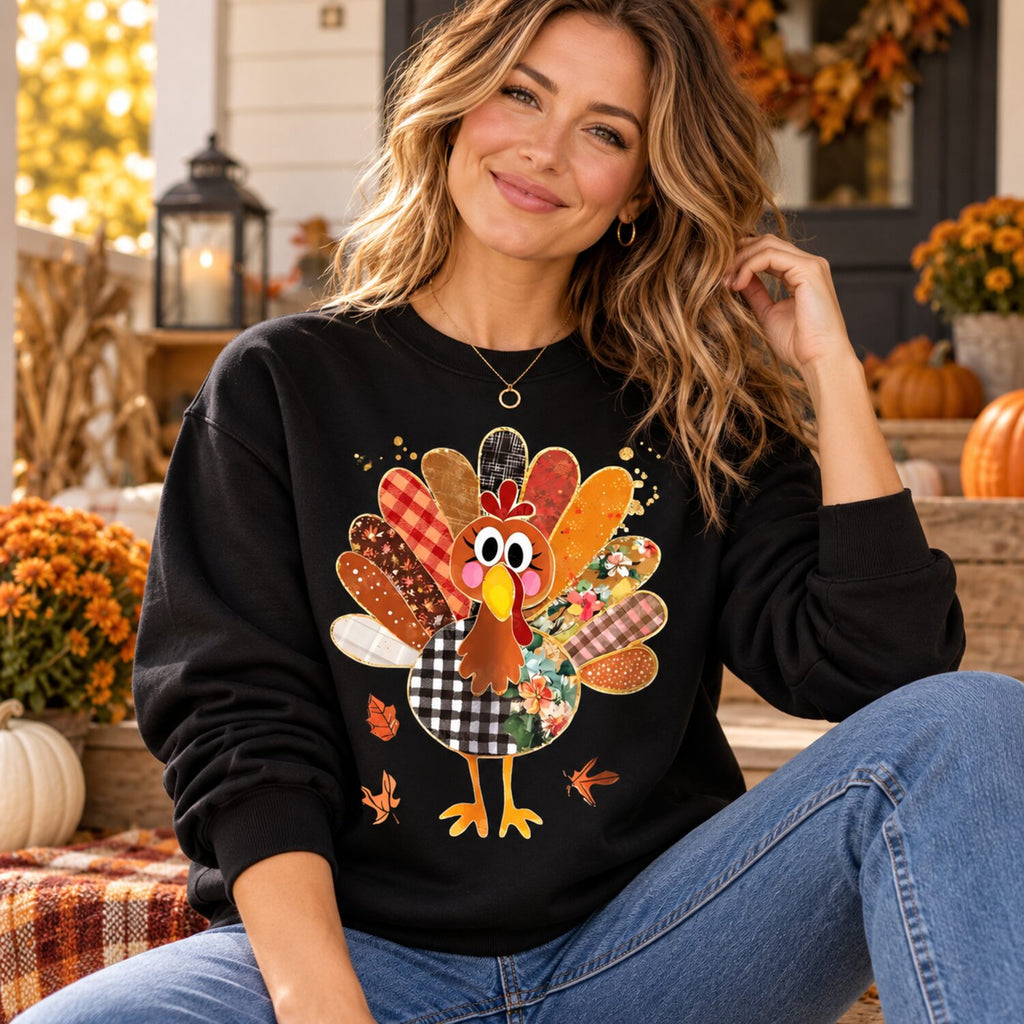 Women's Cute Patchwork Turkey T-Shirt/Sweatshirt/Hoodie – Thanksgiving Fall Graphic Tee