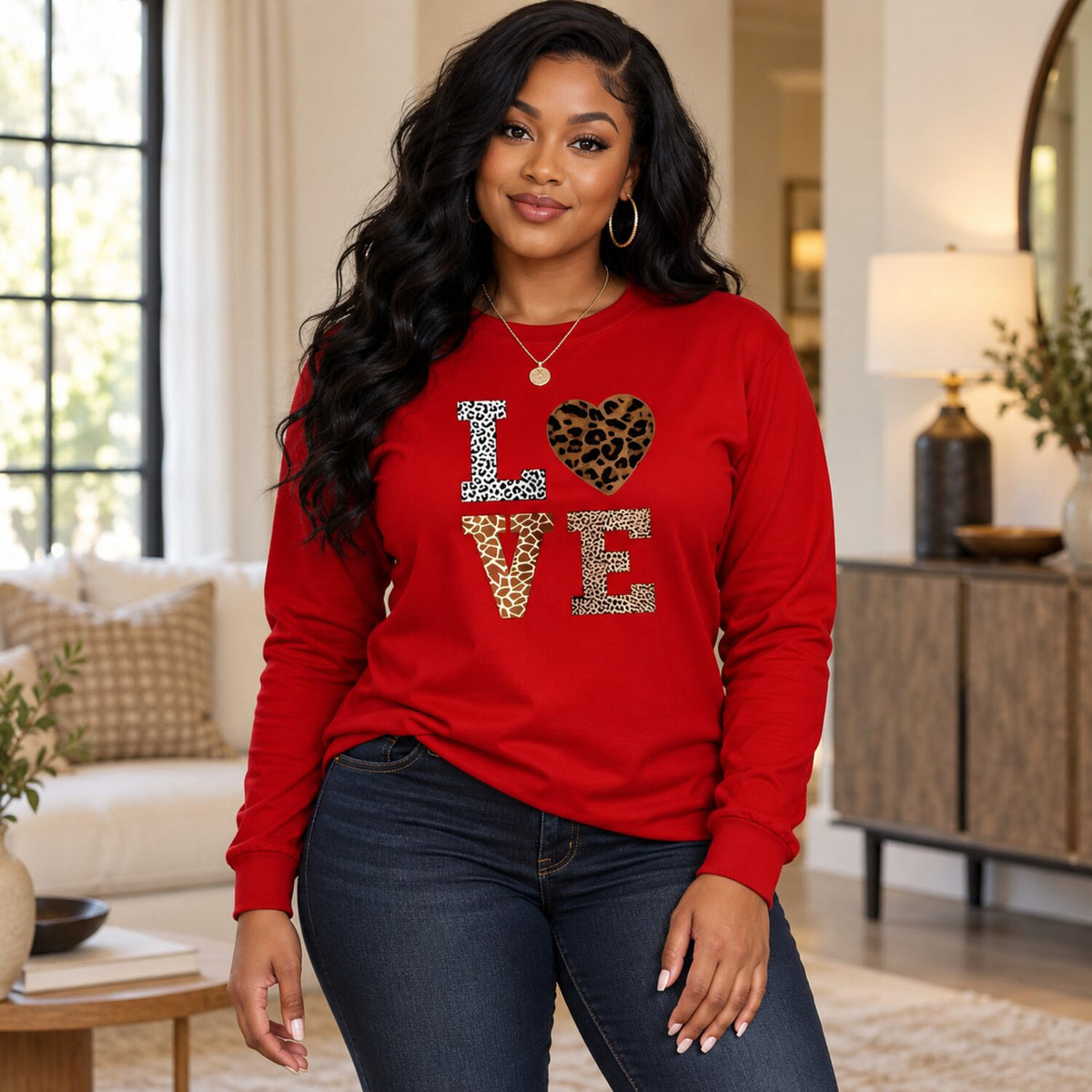 Leopard Print LOVE Long Sleeve Shirt/Sweatshirt/Hoodie – Women's Red Heart Graphic Casual Top