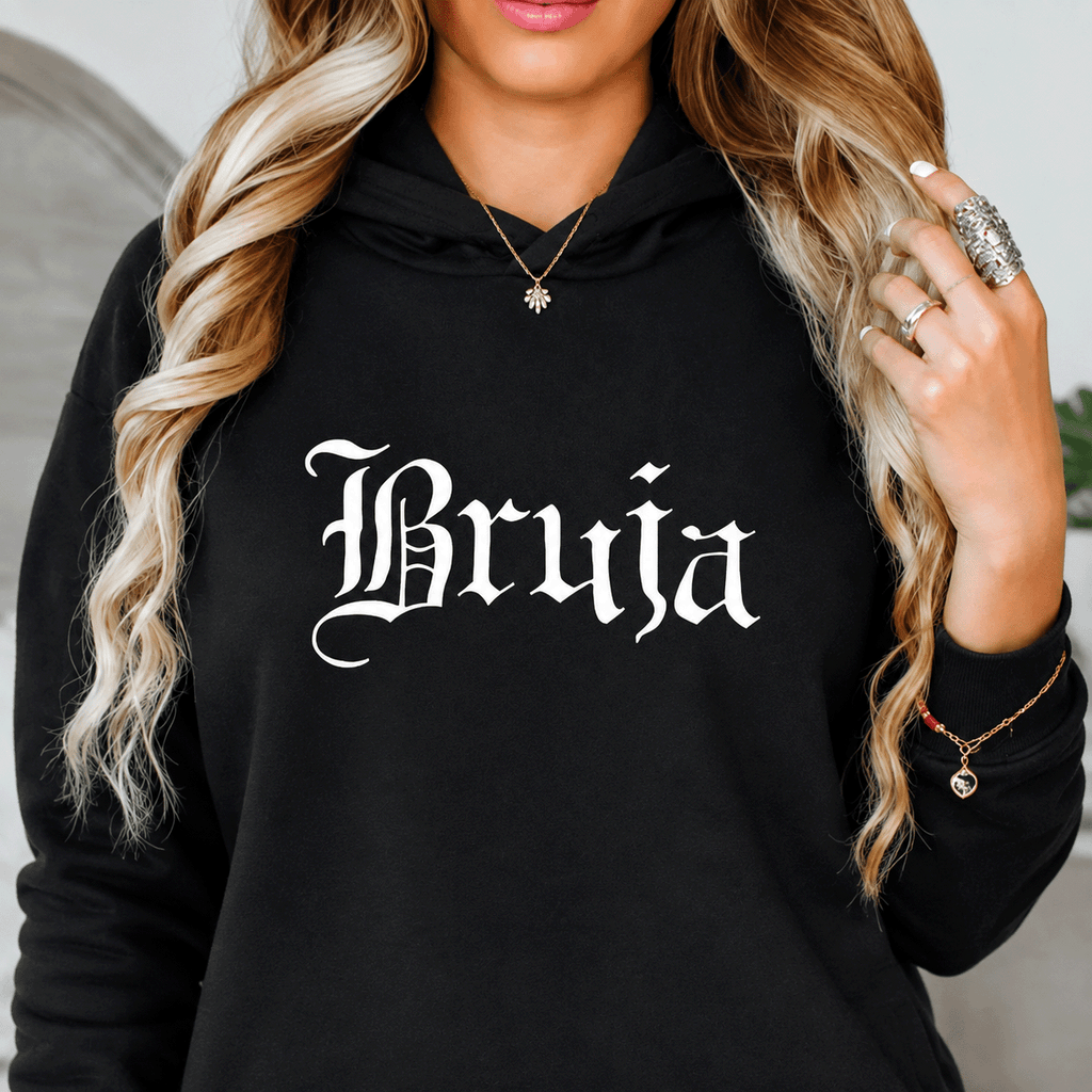 Bruja Graphic T-Shirt, Sweatshirt & Hoodie – Gothic Witchy Letter Print, Latina Halloween Spooky Season Apparel