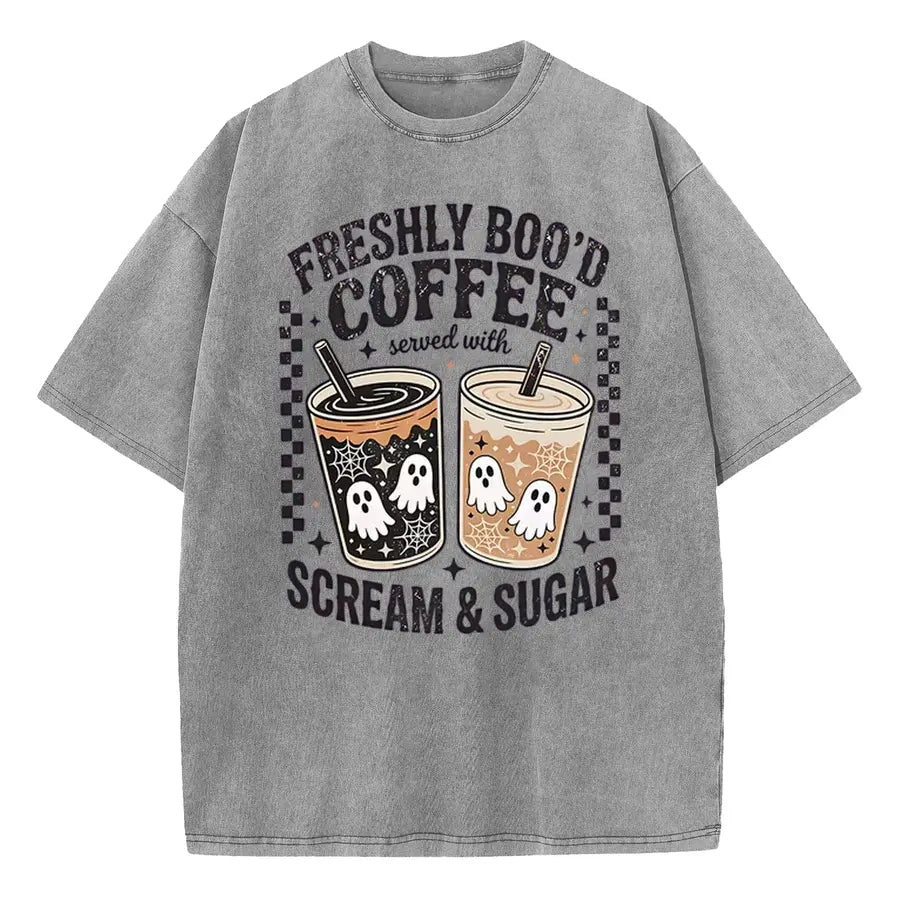 Freshly Boo’d Coffee Halloween T-Shirt/Sweatshirt/Hoodie – Ghost Coffee Scream & Sugar Graphic Tee