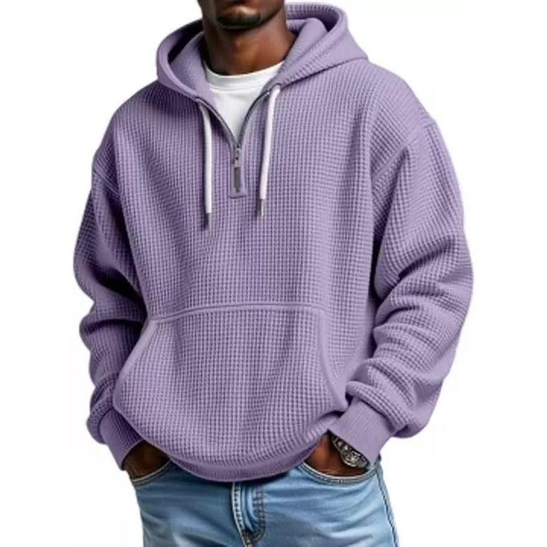 Men’s Waffle Knit Half-Zip Hoodie – Casual Textured Pullover with Kangaroo Pocket & Drawstring