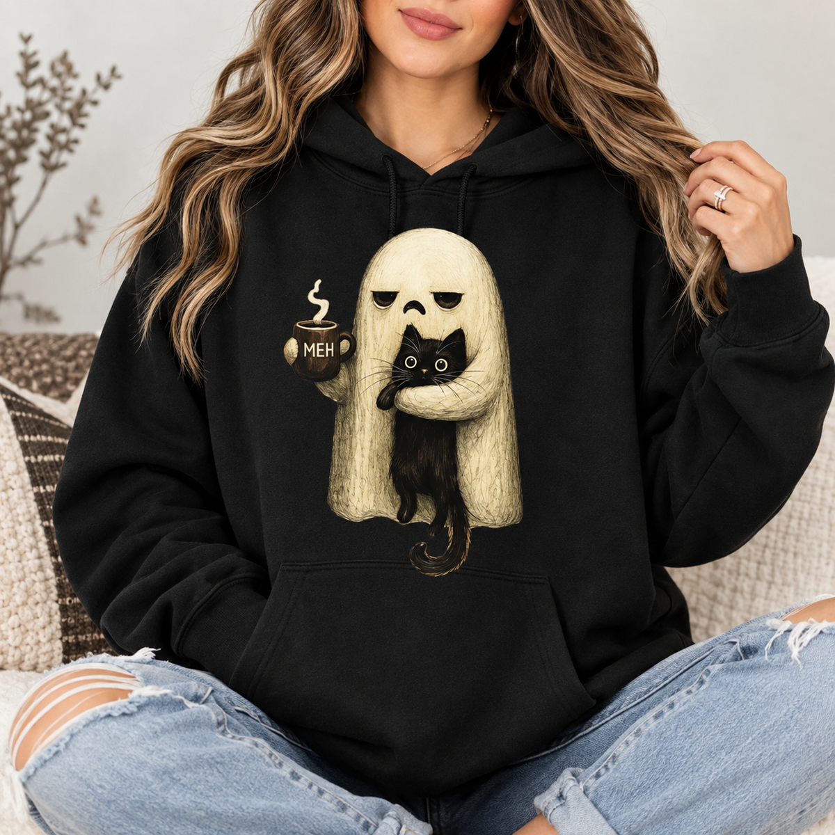 Meh Ghost Cat Halloween T-Shirt/Sweatshirt/Hoodie – Funny Black Cat Coffee Spooky Graphic Tee