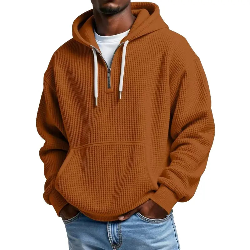 Men’s Waffle Knit Half-Zip Hoodie – Casual Textured Pullover with Kangaroo Pocket & Drawstring