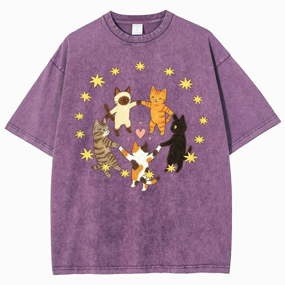 Dancing Cats Circle Graphic T-Shirt, Sweatshirt & Hoodie – Cute Cat Lover Star & Heart Graphic Top