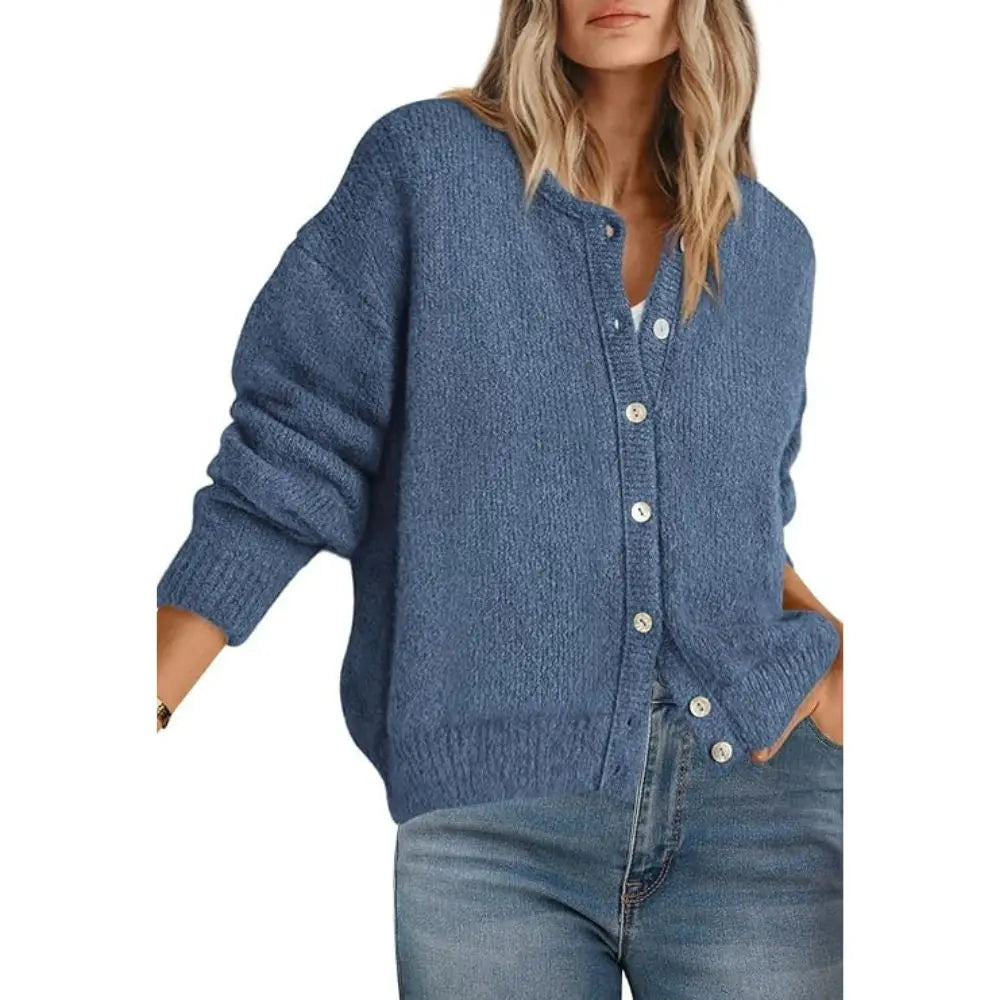 Women’s Button Front Knit Cardigan – Crewneck Long Sleeve Relaxed Fit Chunky Sweater