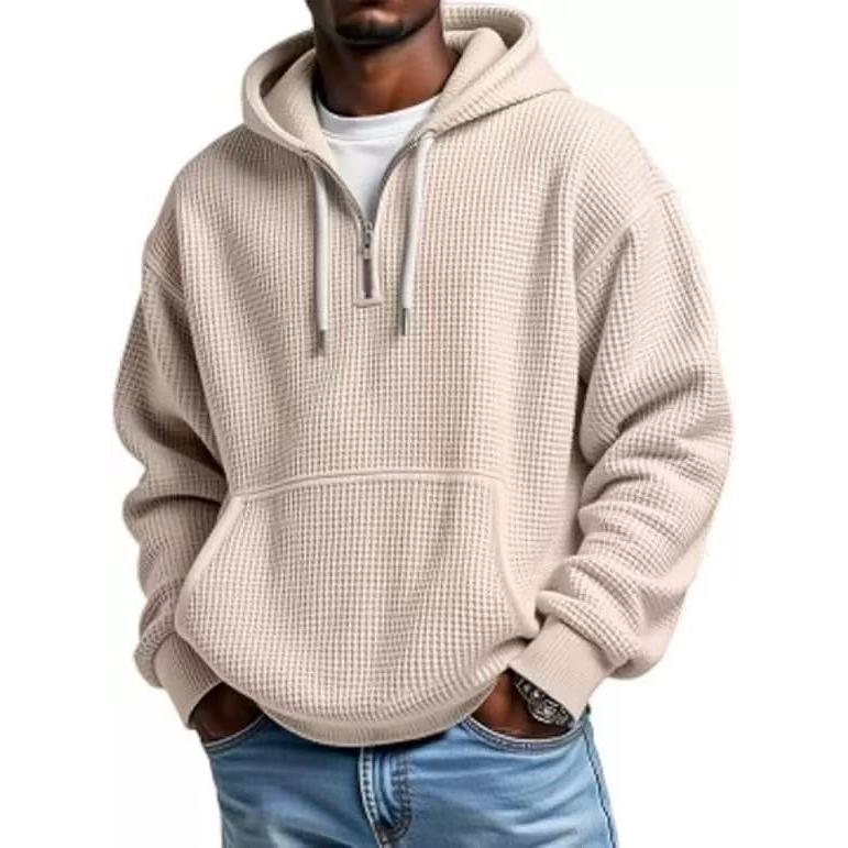 Men’s Waffle Knit Half-Zip Hoodie – Casual Textured Pullover with Kangaroo Pocket & Drawstring