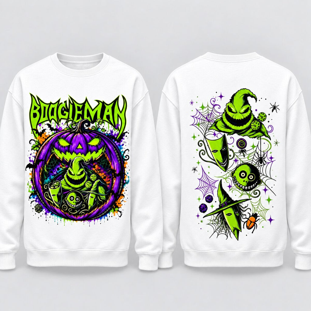 Welcome to Our Nightmare T-Shirt, Sweatshirt & Hoodie – Boogeyman Halloween Horror Graphic, Spooky Pumpkin & Scary Characters, Front and Back Print Halloween Gift