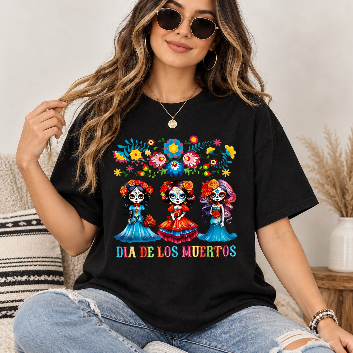 Dia de los Muertos T-Shirt/Sweatshirt/Hoodie – Colorful Sugar Skull Girls Floral Day of the Dead Graphic Tee