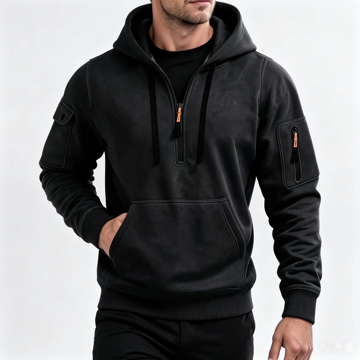 Men’s Fleece-Lined Utility Half-Zip Hoodie – Warm Workwear Pullover with Sleeve & Kangaroo Pockets
