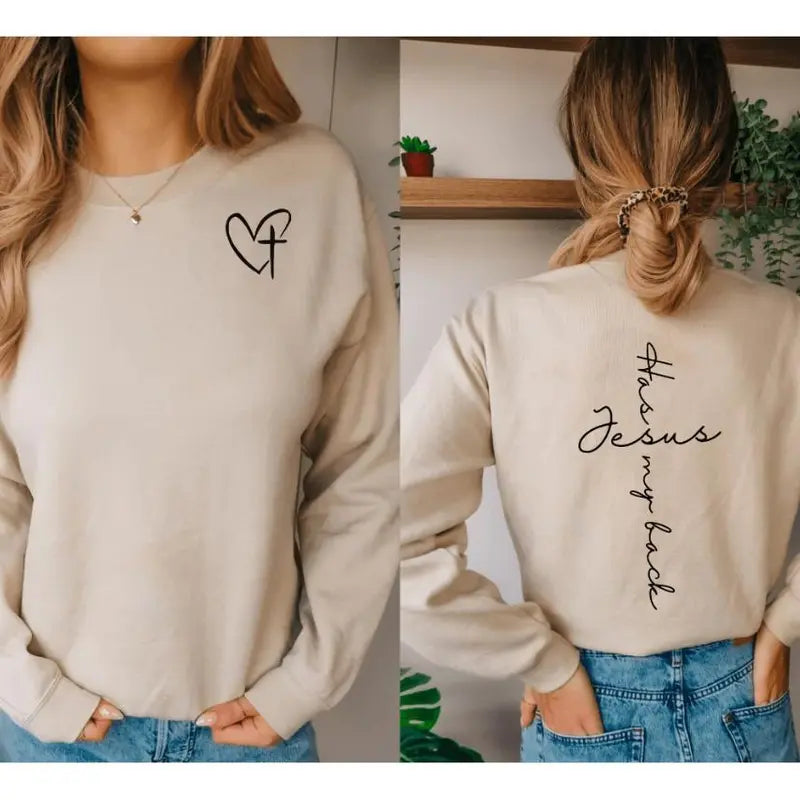 Jesus Has My Back T-Shirt, Sweatshirt & Hoodie – Christian Faith Heart Graphic Front & Back Print