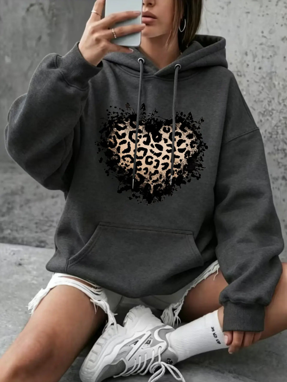 Women’s Leopard Heart Hoodie/Sweatshirt/T-shirt – Distressed Graphic Casual Pullover Sweatshirt