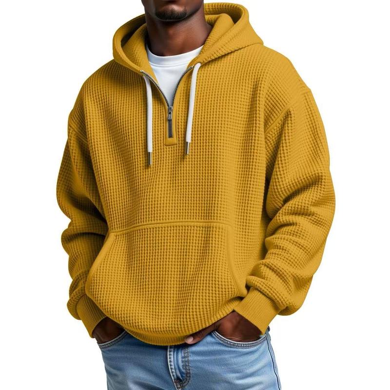 Men’s Waffle Knit Half-Zip Hoodie – Casual Textured Pullover with Kangaroo Pocket & Drawstring