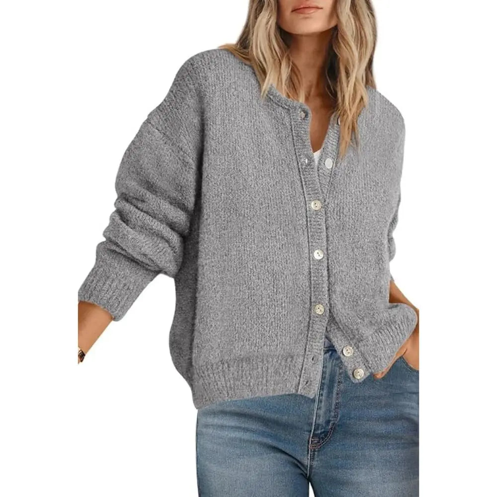 Women’s Button Front Knit Cardigan – Crewneck Long Sleeve Relaxed Fit Chunky Sweater