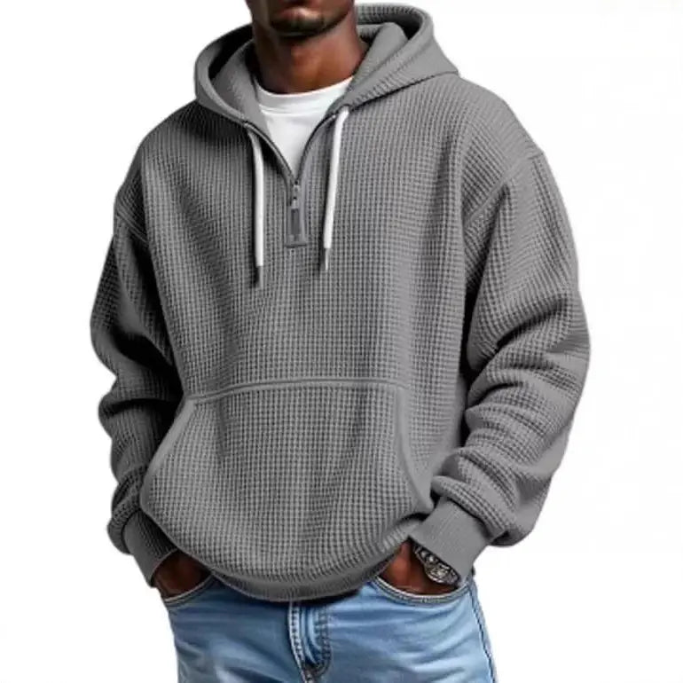 Men’s Waffle Knit Half-Zip Hoodie – Casual Textured Pullover with Kangaroo Pocket & Drawstring