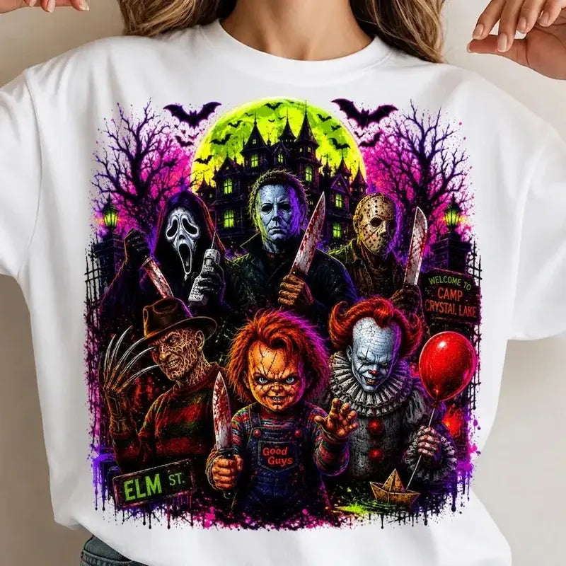 Neon Horror Halloween Graphic T-Shirt/Sweatshirt/Hoodie– Scary Movie Characters Spooky Season Tee