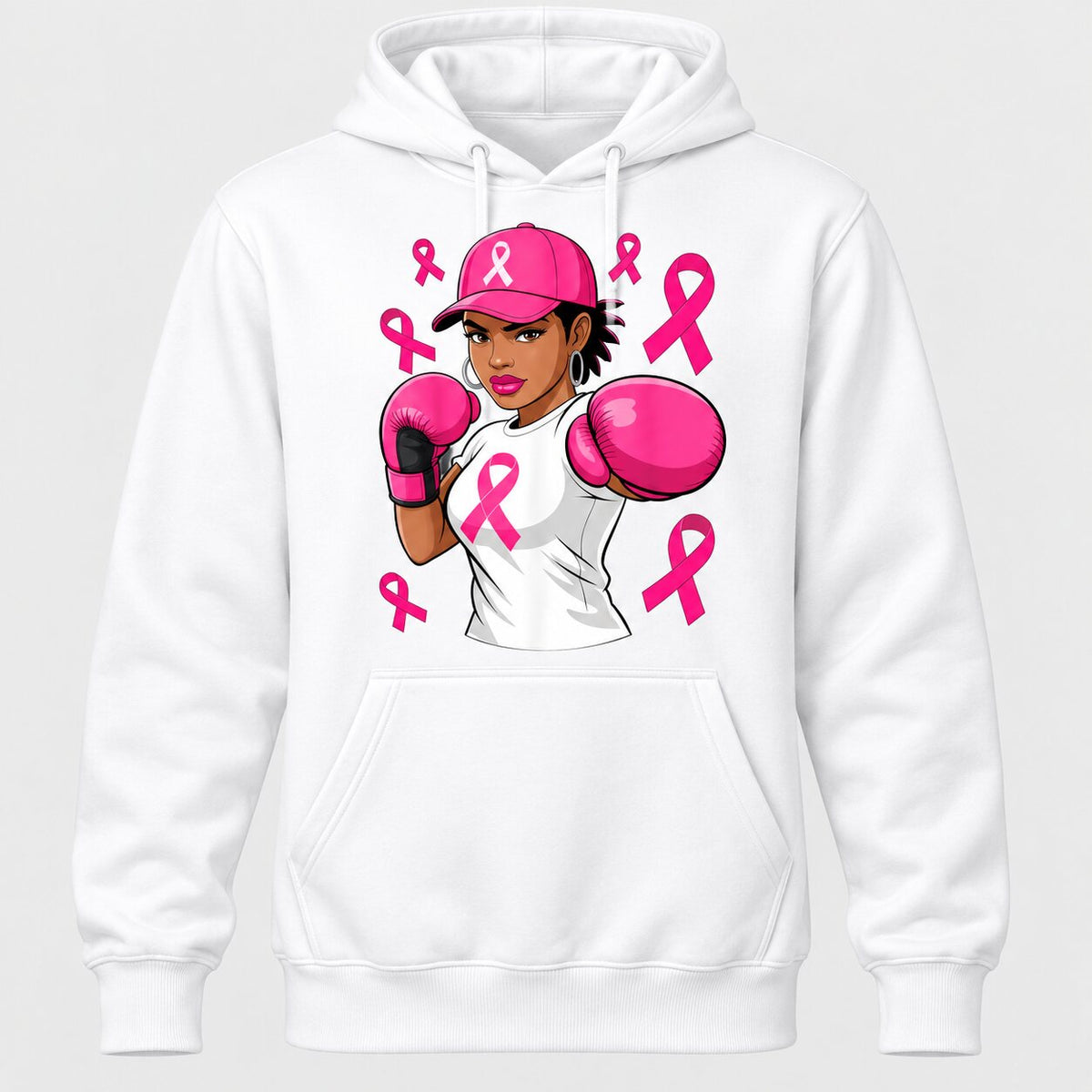 Breast Cancer Awareness Pink Ribbon Fighter Graphic T-Shirt, Sweatshirt & Hoodie – Strong Women Boxing Support Design