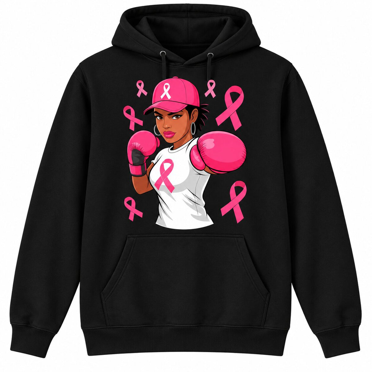 Breast Cancer Awareness Pink Ribbon Fighter Graphic T-Shirt, Sweatshirt & Hoodie – Strong Women Boxing Support Design