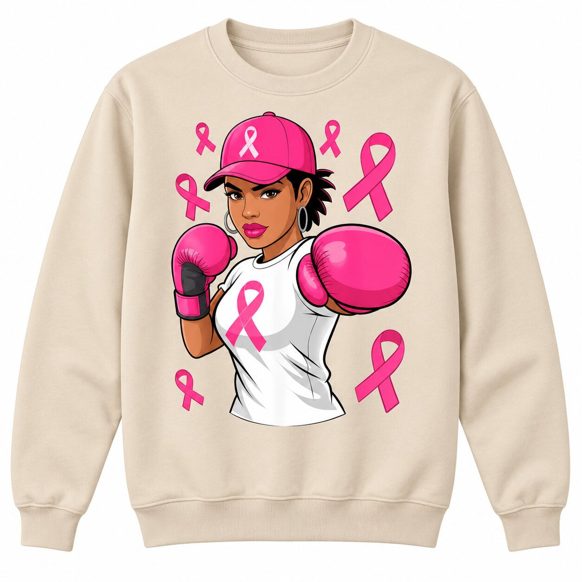 Breast Cancer Awareness Pink Ribbon Fighter Graphic T-Shirt, Sweatshirt & Hoodie – Strong Women Boxing Support Design