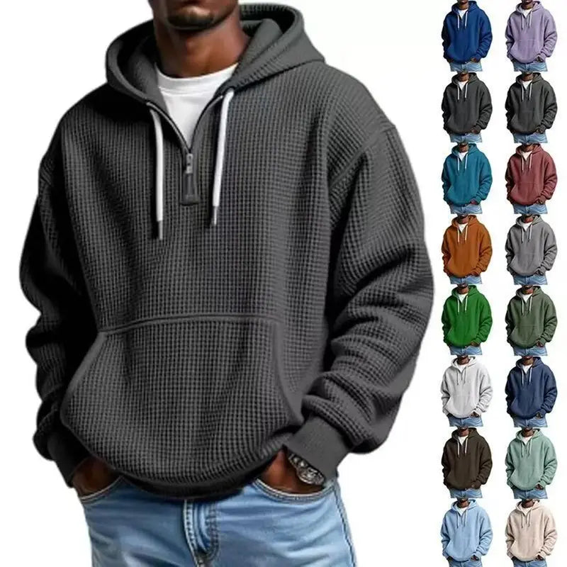 Men’s Waffle Knit Half-Zip Hoodie – Casual Textured Pullover with Kangaroo Pocket & Drawstring