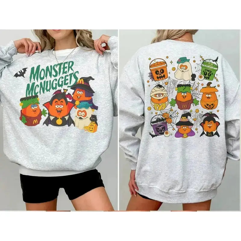 Monster McNugget Buddies Halloween T-Shirt, Sweatshirt & Hoodie – Cute Spooky Characters 2-Sided Graphic Print