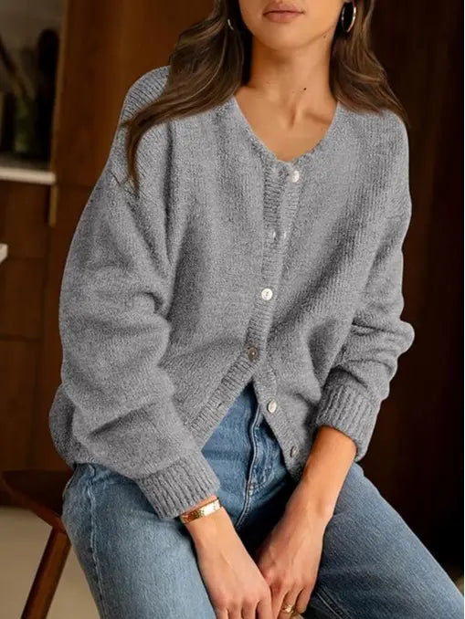Women’s Button Front Knit Cardigan – Crewneck Long Sleeve Relaxed Fit Chunky Sweater