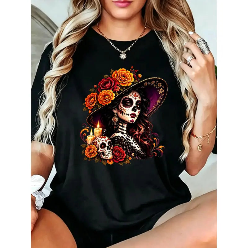 La Catrina Day of the Dead T-Shirt/Sweatshirt/Hoodie – Floral Sugar Skull Mexican Graphic Tee
