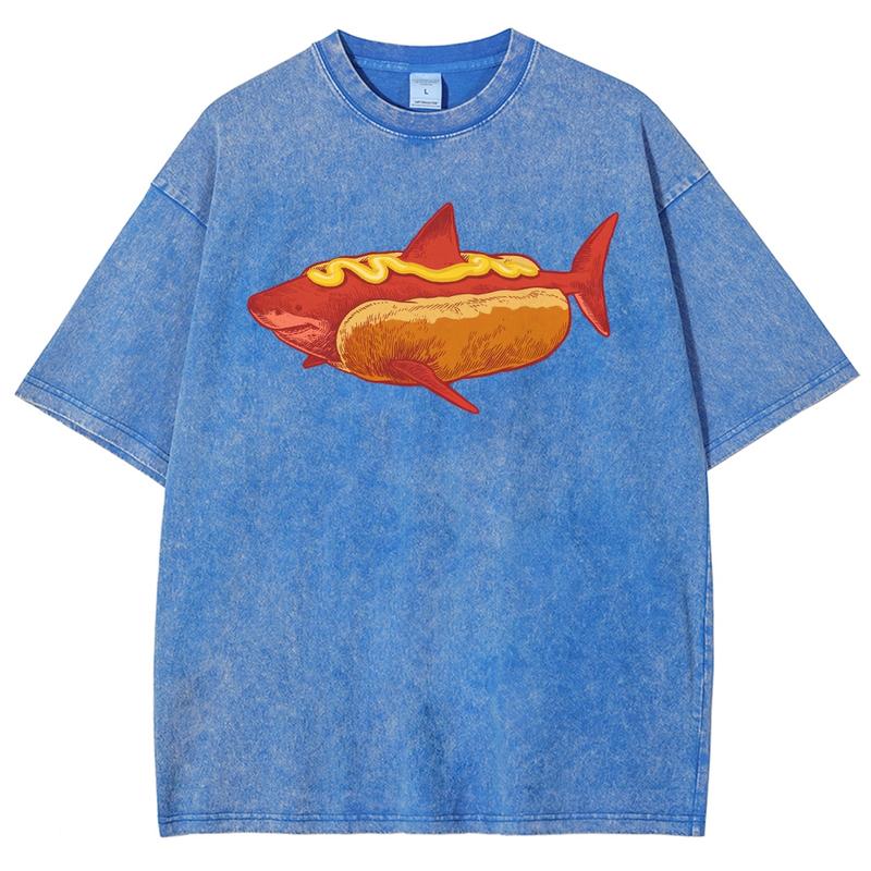 Shark Hot Dog T Shirt/Hoodie/Sweatshirt, Funny Food Meme Graphic Tee, Vintage Washed Shark Shirt, Weirdcore Ocean Animal Shirt, Cute Gift for Shark Lovers & Foodies