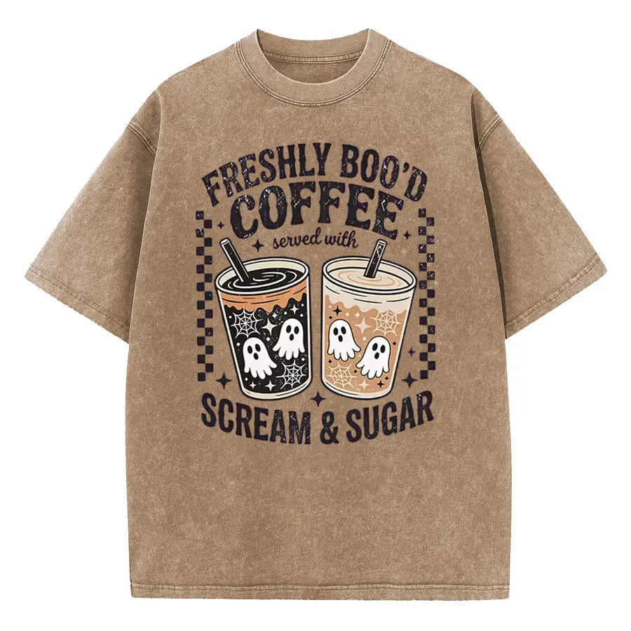 Freshly Boo’d Coffee Halloween T-Shirt/Sweatshirt/Hoodie – Ghost Coffee Scream & Sugar Graphic Tee