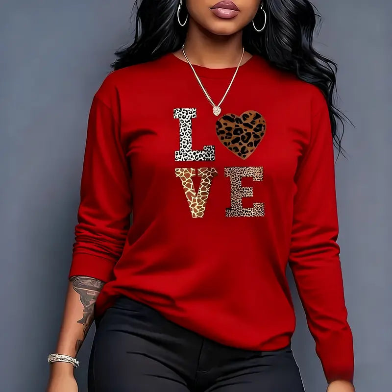 Leopard Print LOVE Long Sleeve Shirt/Sweatshirt/Hoodie – Women's Red Heart Graphic Casual Top
