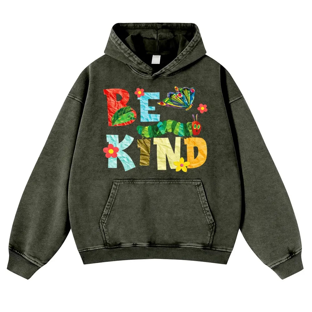Be Kind Caterpillar Graphic T-Shirt, Sweatshirt & Hoodie – Colorful Butterfly & Flower Collage Print, Positive Kindness Quote, Retro Cute Casual Graphic Top