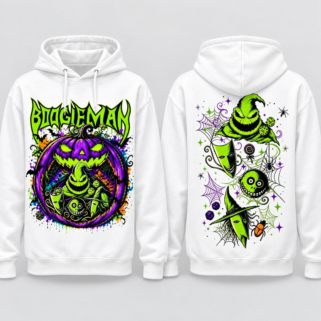 Welcome to Our Nightmare T-Shirt, Sweatshirt & Hoodie – Boogeyman Halloween Horror Graphic, Spooky Pumpkin & Scary Characters, Front and Back Print Halloween Gift