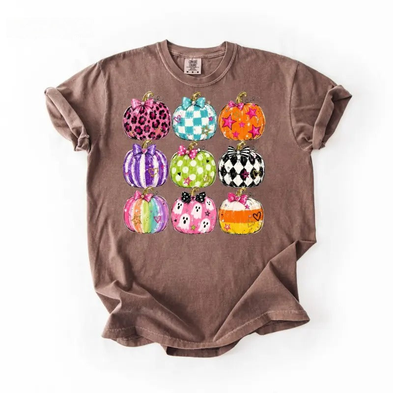 Coquette Halloween Pumpkin T-Shirt/Sweatshirt/Hoodie – Colorful Bow Graphic Vintage Washed Tee