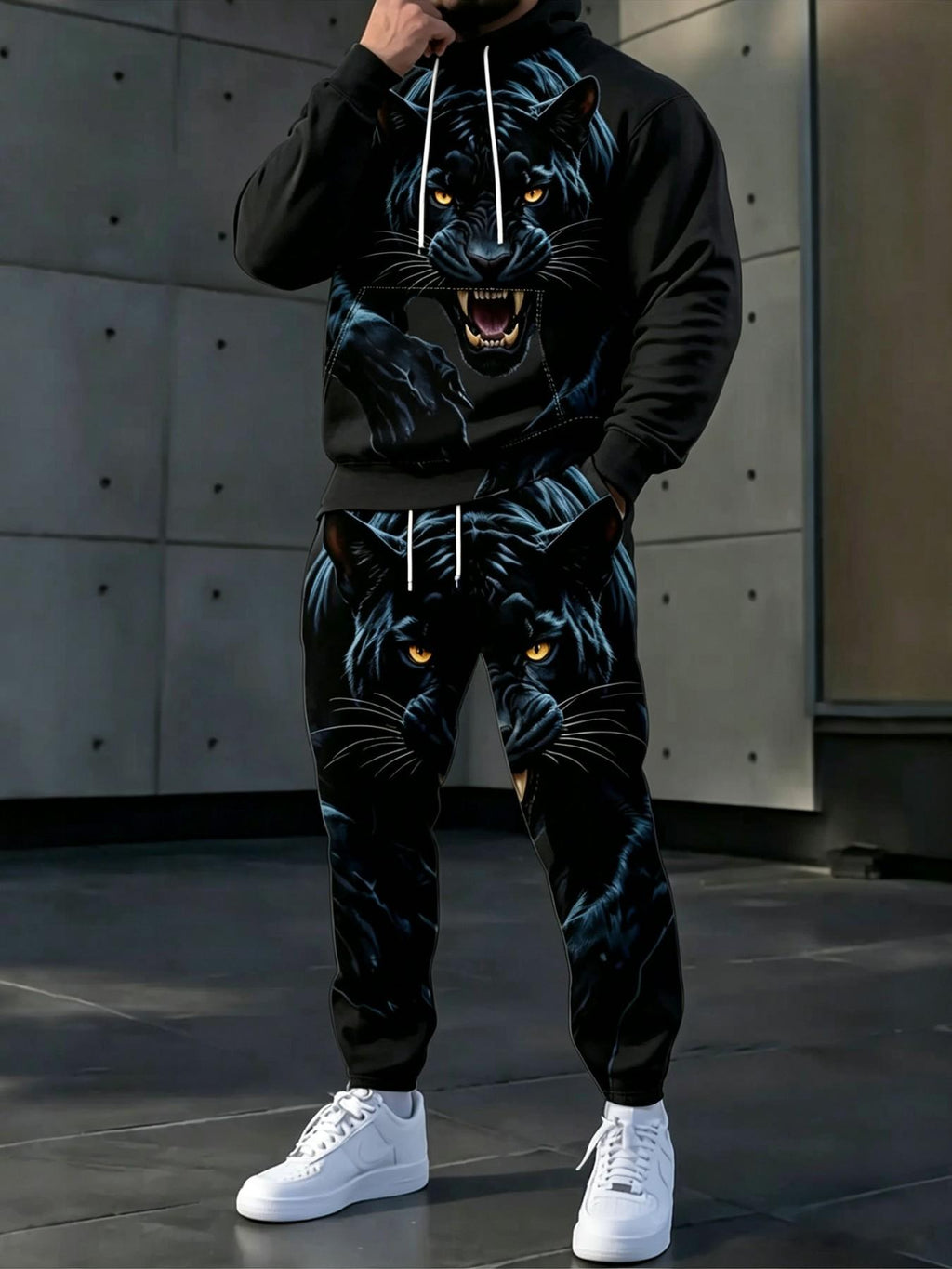 Men's Black Panther Graphic Hoodie & Jogger Pants Set – Bold Streetwear Tracksuit