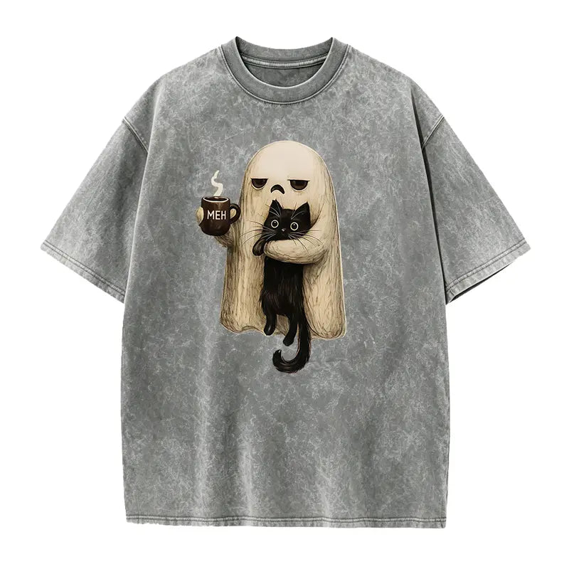Meh Ghost Cat Halloween T-Shirt/Sweatshirt/Hoodie – Funny Black Cat Coffee Spooky Graphic Tee