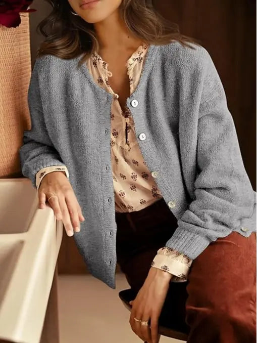 Women’s Button Front Knit Cardigan – Crewneck Long Sleeve Relaxed Fit Chunky Sweater