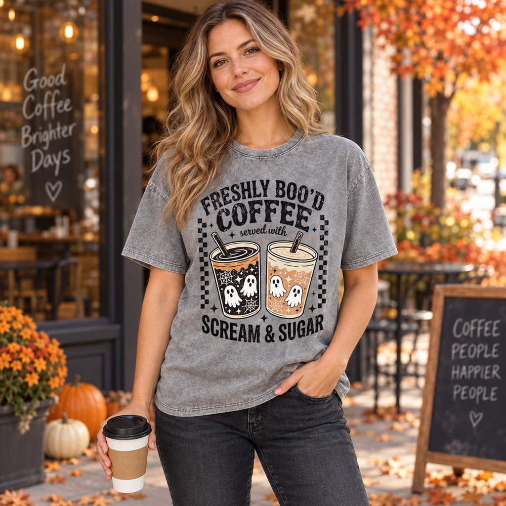 Freshly Boo’d Coffee Halloween T-Shirt/Sweatshirt/Hoodie – Ghost Coffee Scream & Sugar Graphic Tee