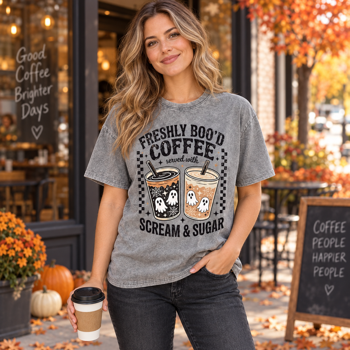 Freshly Boo’d Coffee Halloween T-Shirt/Sweatshirt/Hoodie – Ghost Coffee Scream & Sugar Graphic Tee