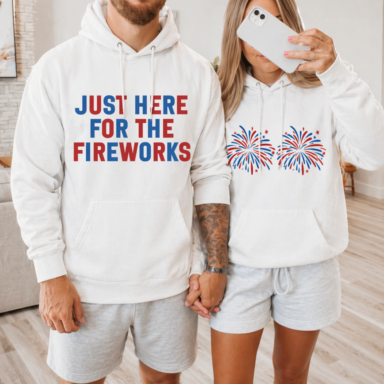 “Just Here for the Fireworks” Couple Shirts/Sweatshirt/Hoodie – 4th of July Matching Tees