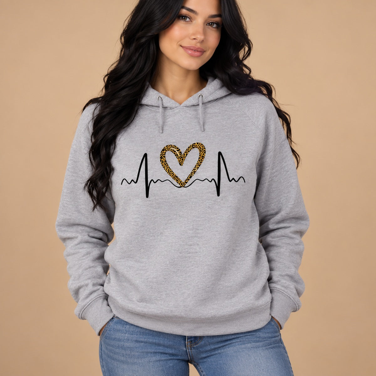 Leopard Heartbeat Graphic T-Shirt, Sweatshirt & Hoodie – Cute Heart EKG Print, Casual Women's Apparel