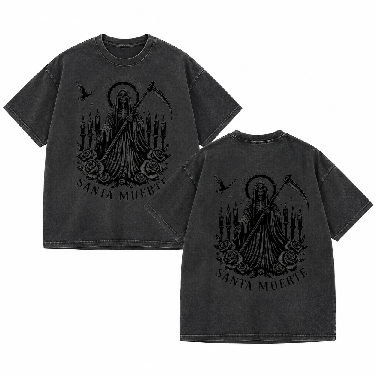 Santa Muerte Gothic Hoodie/Sweatshirt/T-shirt – Skull Rose & Scythe Front Back Graphic Pullover Sweatshirt